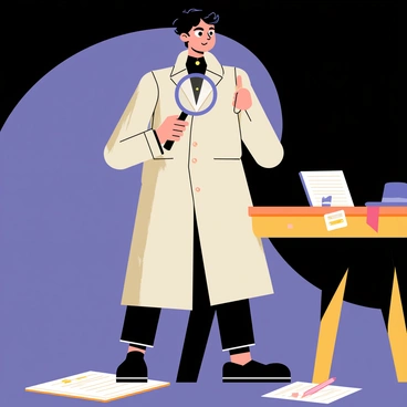 A detective wearing a long beige trench coat is standing in a dimly lit room. He has a questioning expression on his face as he holds a large magnifying glass in front of him. The detective has tousled dark hair and is squinting slightly through the glass, examining a piece of evidence on a wooden table. Various scattered papers and a notebook can be seen around him, contributing to the investigative atmosphere. The detective's black shoes are polished, and a shadow of a fedora hat can be seen on the floor.