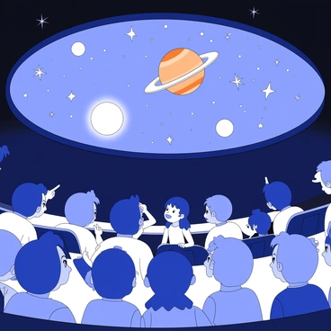 A group of children is seated in a planetarium, their expressions full of wonder as they look up. The children are arranged in a semi-circle, all facing a large dome overhead that displays vivid projections of various planets and stars. Some children are leaning forward, captivated by a bright orange planet with distinct rings, while others point excitedly at twinkling stars scattered across the dome. The room is dimly lit, enhancing the visibility of the celestial displays, and the children's silhouettes are outlined against the bright projections. Several children are whispering to each other while others sit quietly, completely absorbed in the cosmic spectacle above them.