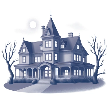 A large, imposing mansion stands tall, its architecture characterized by Gothic elements such as pointed arches and intricate detailing. The structure features multiple gabled roofs and a wrap-around porch adorned with ornate railings. Dark, twisted trees surround the mansion, their branches reaching out like skeletal fingers. A bright, full moon hangs in the night sky, casting eerie shadows across the landscape. Wisps of fog swirl around the ground, partially obscuring the mansion's entrance, which is marked by heavy double doors. "Mystery Novel" is inscribed in elegant letters above the entrance, enhancing the sense of intrigue.