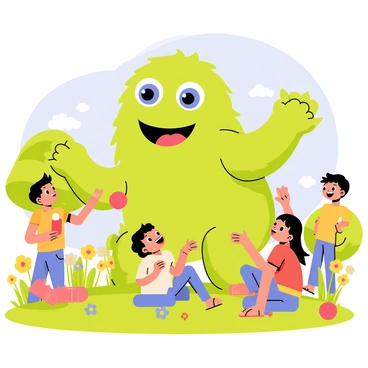 A fuzzy, friendly monster with bright green fur and large, expressive blue eyes is playfully interacting with a group of happy children in a vibrant park. The monster has long, fluffy arms and a wide, cheerful smile. Nearby, a child is laughing as they tug on one of the monster's furry arms, while another child is sitting on the grass, attempting to tickle the monster's belly. The park is filled with colorful flowers, green trees, and a clear blue sky, creating a joyful atmosphere. The children are wearing bright clothing, and one child is holding a red ball, ready to play.