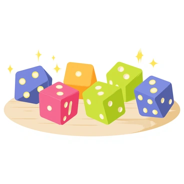 A set of six colorful dice, each with a distinct hue ranging from deep blue to vibrant green. Each die has glowing numbers in a bold font, radiating a soft, magical light. The dice are arranged in a scattered formation on a smooth wooden surface, creating a visually appealing contrast. A gentle shimmer surrounds the dice, enhancing their magical appearance. The background is a subtle gradient, allowing the colors of the dice and the glow of the numbers to stand out vividly.
