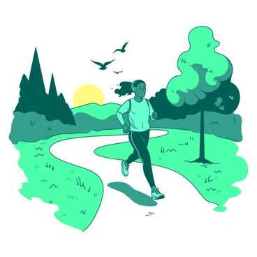 A teal person is jogging along a winding path surrounded by lush green grass in a park during the early morning. The sun is rising in the background, casting a soft light over the scene. There are trees lining the path, their leaves glistening with morning dew. The person's athletic wear is designed for comfort, and they have headphones on, immersed in their music. A few birds can be seen flying overhead.