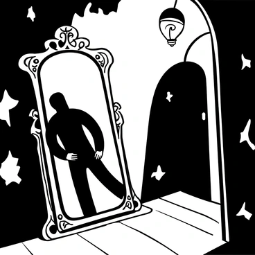 A spooky old mirror with an ornate, cracked frame is positioned against a wall in a dimly lit hallway. The mirror reflects a mysterious figure dressed in dark clothing, partially obscured by shadows. The hallway features peeling wallpaper and a wooden floor, adding to the eerie atmosphere. Light from a flickering overhead bulb casts soft, uneven shadows, enhancing the sense of mystery surrounding the figure and the mirror.