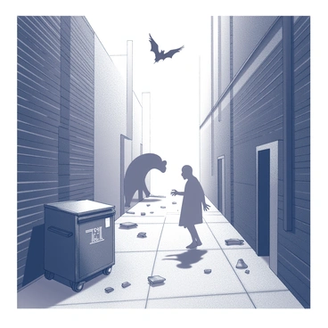 A deserted alleyway with tall brick walls on either side and scattered debris on the ground. Dim light casts shadows, creating an eerie atmosphere. In the foreground, a figure resembling a ghostly apparition hovers near a rusted dumpster, capturing an air of mystery. Further down the alley, a silhouette of a large, shadowy creature lurks, partially obscured by the darkness. Above, a faint outline of a flying creature, resembling a bat, swoops through the air. The scene is imbued with a sense of suspense and intrigue, showcasing the urban legends in a vivid, tangible form.
