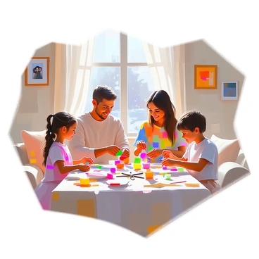 An illustration depicting a family gathered in a cozy living room, celebrating an old custom or tradition. The family consists of four members: a father with short dark hair wearing a sweater, a mother with long dark hair dressed in a colorful dress, and two children, a boy with curly hair in a t-shirt and a girl with braided hair in a festive dress. They are all engaging in the tradition of making handmade decorations, with colorful paper and scissors scattered on a table. The walls are adorned with family photos and items related to the tradition, creating a warm and inviting atmosphere. In the background, a window shows a view of a snowy landscape outside, suggesting a holiday celebration. The family members are smiling and interacting as they work together, creating a sense of joy and connection.