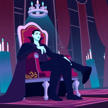 A luxurious room with rich, dark wood paneling and plush, velvet drapes. The lighting is dim, creating a shadowy atmosphere, highlighted by flickering candles casting soft shadows on the walls. A vampire with pale skin and sharp features lounges on an ornate, high-backed chair, adorned with intricate gold embroidery. He wears a long, flowing cape that drapes elegantly over the chair. The vampire's piercing red eyes glint in the low light as he gazes thoughtfully, one hand resting on the arm of the chair. An elegant chandelier hangs above, adding a touch of opulence to the scene. The floor is covered with an intricately patterned rug that complements the room's dark tones.