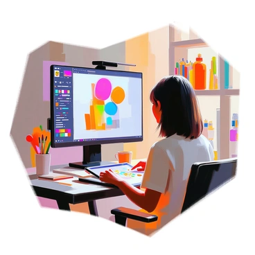 A live streaming session featuring an illustrator with medium brown skin and shoulder-length dark hair, focused on creating digital art on a computer using Adobe Illustrator. The illustrator is sitting at a modern black desk equipped with a graphics tablet and a computer monitor displaying the art being created. The background contains shelves filled with art supplies and books. A chat window is visible on the side of the screen, filled with colorful viewer comments and emojis expressing positive reactions to the artwork. The atmosphere is lively with an emphasis on creativity and engagement.