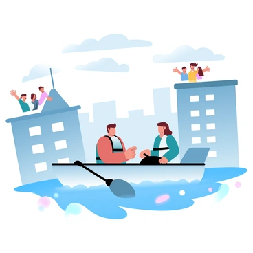 A rescue team in a boat is navigating through the flooded streets of an urban area. The team consists of two individuals, one is sitting in the front and the other is standing in the back, both wearing life jackets. Surrounding them are submerged buildings with water covering the lower floors. Nearby, a group of stranded people is on the roof of a building, reaching out for help. The sky is filled with gray clouds, and there are debris scattered in the water, enhancing the sense of urgency in the scene.