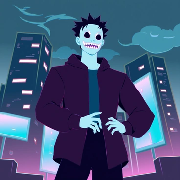 A young man with pale skin and black hair styled into a messy look is wearing his iconic "ghoul mask" that features sharp teeth and vacant eye sockets. He stands confidently, his expression hidden behind the mask. The background showcases a dark cityscape with towering buildings silhouetted against a dimly lit sky, partially obscured by swirling clouds. The scene is illuminated by flickering neon lights from nearby billboards, casting an eerie glow on the surroundings.