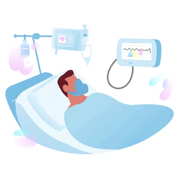 A patient is lying in a hospital bed, wearing an oxygen mask that covers their face. The bed has white linens, and the patient is dressed in a light hospital gown. Several medical monitors are positioned nearby, displaying various readings with colorful screens. An IV drip is attached to the bed, with clear fluid flowing through a tube. The room is filled with soft, ambient light, creating a calm atmosphere.