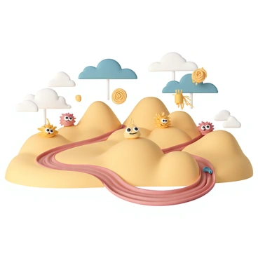 A vibrant landscape filled with rolling hills made of light yellow cheese, dotted with rivers of rich red tomato sauce flowing through the terrain. In this whimsical world, various pasta-shaped creatures, such as spiraled fusilli with large expressive eyes and elongated spaghetti with funny, curved smiles, roam freely. Some of the creatures are playfully interacting with each other, while others are exploring the colorful surroundings, with a backdrop of fluffy white clouds and a bright blue sky above. The scene captures a sense of playful adventure and charm among the pasta inhabitants.