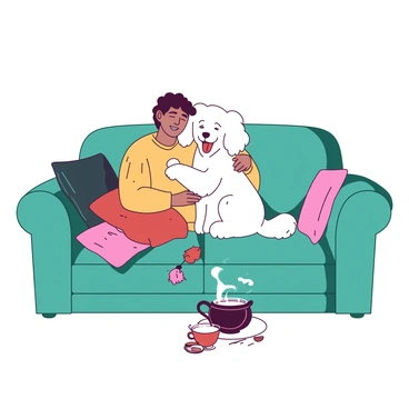 A white fluffy dog is snuggling closely to a person sitting on a teal sofa. The person is wearing a cozy sweater and has a content expression while gently petting the dog. The sofa is adorned with colorful cushions, and there is a small coffee table in front with a steaming cup of tea resting on it. The room is softly lit, creating a warm and inviting atmosphere.