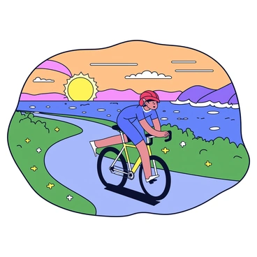 A cyclist wearing a bright red helmet and a fitted blue jersey is pedaling quickly along a winding coastal road. The road is lined with lush green grass and small yellow flowers. The sun is low on the horizon, casting warm golden light that reflects off the water, creating sparkles on the surface. Gentle waves lap against the rocky shore in the background. The sky is filled with shades of orange, pink, and purple as the sun begins to set.