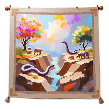 A traditional tapestry displaying a mythical story where a great fault line divides a fantastical landscape. On one side of the tapestry, a vibrant forest is filled with colorful, oversized flowers and majestic animals, while on the other side, a barren landscape with cracked earth and twisted trees represents the tension of the fault line. In the center, a giant serpent weaves through the tapestry, symbolizing the connection and conflict between the two sides. Above, a dramatic sky transitions from bright hues above the forest to dark, stormy colors over the barren land, capturing the essence of the mythical narrative. The intricate details of the tapestry emphasize the craftsmanship and storytelling elements, incorporating mythical creatures and ancient symbols along the borders.