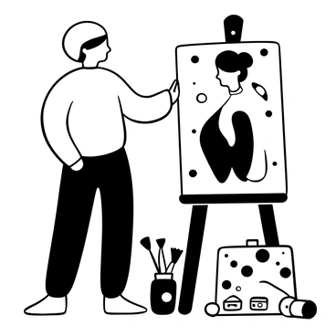 An artist standing in front of an easel, focused on painting a self-portrait on a canvas. The canvas features bold strokes and abstract shapes that convey emotion. The palette nearby is cluttered with paint tubes and brushes. The artist holds a brush with paint on it, poised to add more details to the painting. Around the artist, there are splatters of paint on the floor and art supplies scattered about, creating a dynamic atmosphere of creativity.