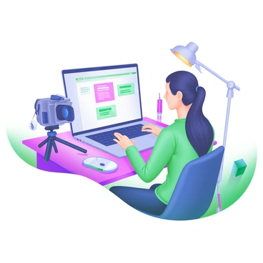 A woman sitting at a desk, creating a tech tutorial video in front of a camera and an open laptop. She has long, dark hair tied back in a ponytail. The camera is positioned on a tripod, directed towards her. The laptop screen displays coding software with visible lines of code. Surrounding her are various tech gadgets, including a smartphone, a tablet, and headphones, neatly arranged on the desk. A bright light is illuminating the workspace, creating a clear view of the setup. She is wearing a casual, comfortable outfit, focused on her presentation.