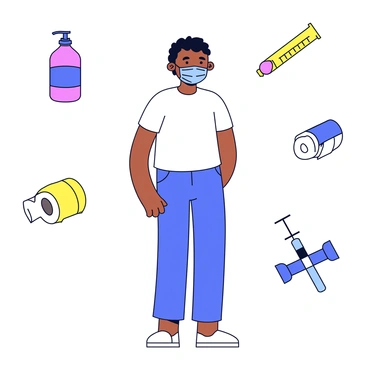 A person wearing a blue surgical mask, standing in the center of the image. Around the person are various icons depicting different pandemic experiences. There is a hand sanitizer bottle, a thermometer, a roll of toilet paper, and a vaccine syringe. Each icon is simple and colorful, placed at equal distances from the person to create a balanced composition. The background is plain to emphasize the central figure and the surrounding icons.