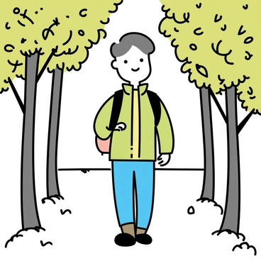 A hiker, dressed in a green jacket and brown hiking boots, is walking along a narrow forest path. The path is flanked by tall chestnut trees with lush green leaves, casting dappled sunlight on the ground. The hiker carries a small backpack and looks ahead, with the vibrant foliage creating a natural tunnel effect around him. The forest floor is covered with a mix of leaves and small rocks, adding texture to the environment.