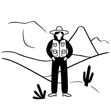 A person wearing safari-inspired clothing, equipped with a wide-brimmed hat and a utility vest, stands confidently against a backdrop of expansive desert dunes. The fabric of the vest features multiple pockets. The silhouette of the person is framed by the towering dunes, creating stark contrasts in the black-and-white illustration. The desert landscape shows gentle curves and slopes, with a few sparse desert plants in the foreground. The sunlight casts long shadows, emphasizing the textures of the sand.