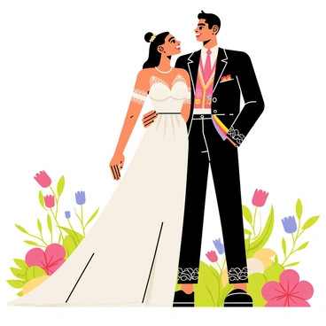 A bride and groom stand together, showcasing a harmonious blend of two different cultural traditions in their attire. The bride wears a flowing white gown adorned with intricate lace details, complemented by vibrant red embroidery that celebrates her heritage. Her hair is styled elegantly, decorated with delicate floral accessories. The groom is dressed in a tailored outfit that combines a traditional dark suit with intricate patterns inspired by his culture, featuring a colorful sash that adds a striking contrast. Together, they radiate joy, standing in a beautiful garden filled with blooming flowers and greenery, symbolizing unity and cultural appreciation.
