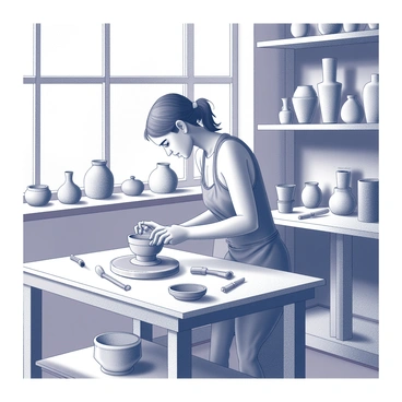 A Virgo artisan is focused on shaping a piece of pottery at a workbench. The studio is filled with various finished pottery works, showcasing different forms and textures. Sunlight streams in through large windows, illuminating the space. Tools for pottery-making, such as a wheel and sculpting tools, are neatly arranged nearby. The artisan's hands are carefully molding the clay, demonstrating skill and concentration. The walls of the studio are adorned with shelves displaying completed ceramic pieces, emphasizing the artisan's craftsmanship.