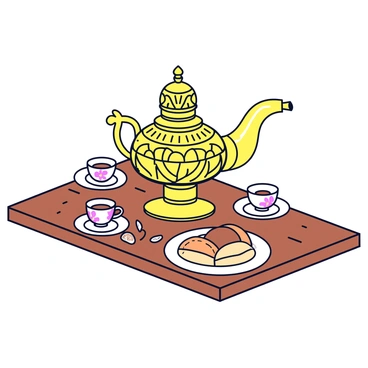 An ornate samovar with intricate patterns and a shiny brass finish is placed on a rustic wooden kitchen table. The samovar features a curved spout and a decorative handle, showcasing its traditional design. Scattered around it are several small tea cups with floral designs, ready to be filled. The wooden table has a slightly worn surface, adding to the rustic charm. A small plate with sweet pastries sits nearby, completing the tea setting.