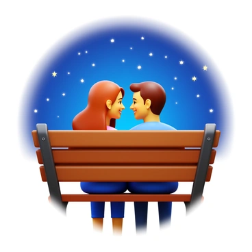 A couple sitting closely on a wooden bench. They are gazing into each other's eyes, showcasing a tender moment. The sky above them is filled with numerous bright stars, twinkling against a deep blue backdrop. The couple is surrounded by gentle shadows, hinting at a serene nighttime atmosphere. The woman's hair is flowing softly in the night breeze, while the man has a warm smile, enhancing the intimacy of the scene.