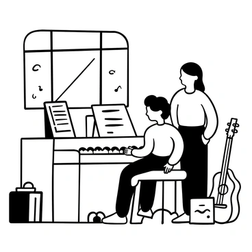 A child sitting at a piano, with small hands positioned on the keys. A teacher stands beside the child, demonstrating finger placements with a gentle posture. Sheet music is placed on the stand in front of them, showing simple notes and rhythms. The room is filled with musical instruments, including a guitar leaning against the wall and a metronome on a nearby table. Sunlight filters through a window, illuminating the scene.