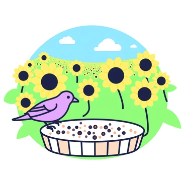 A finch is perched on a bird feeder, pecking at scattered seeds. The bird has a delicate shape with a slender beak and vibrant plumage. The feeder is made of wood and is filled with various seeds. In the background, there are expansive fields of sunflowers, their large heads turning towards the sun. The sunflowers are arranged in neat rows, stretching far into the distance. A bright blue sky is visible above, adding contrast to the scene.