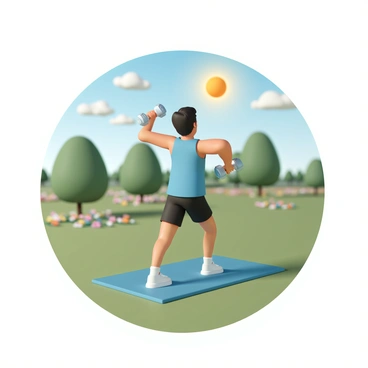 An individual, wearing a blue tank top and black shorts, is performing dumbbell fly exercises on a workout mat in the grass of a scenic park. The person has short, dark hair and is focused on the exercise, with arms extended outward holding a pair of dumbbells. The sun is shining brightly, casting warm light across the park, which features lush green trees and colorful flower patches in the background. The sky above is clear with a few fluffy white clouds.