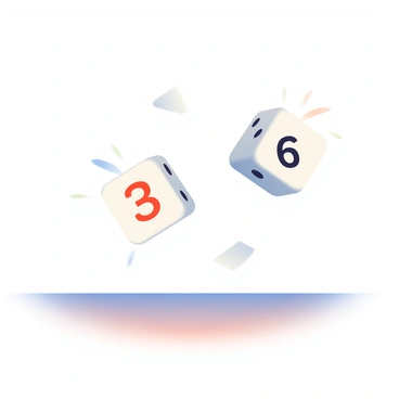 A pair of white dice are floating mid-air, caught just after being thrown. Each die displays a different face, with one showing a "3" in red dots and the other showing a "6" in black dots. The dice are surrounded by a faint blur, suggesting rapid motion. Below them, the surface of a wooden table reflects their shapes and colors, adding depth to the scene. A soft shadow from the dice falls on the table, enhancing the sense of dynamic energy in the moment.
