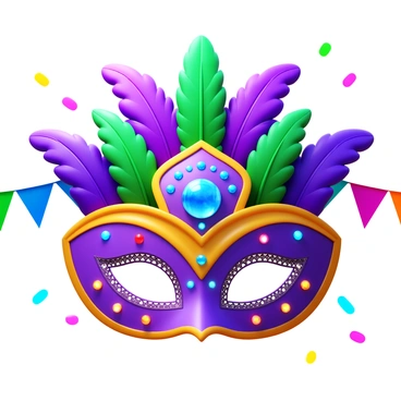 A vibrant carnival mask adorned with colorful feathers in shades of purple, green, and gold. The mask is embellished with sparkling jewels that catch the light, arranged in intricate patterns across its surface. The eye openings are elegantly shaped, framed with delicate lace. The background features a festive atmosphere, with hints of carnival banners and confetti to enhance the lively scene.