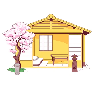 A yellow traditional Japanese home features sliding paper doors that open onto a small garden. The wooden frame of the house contrasts with the delicate paper of the doors, creating a sense of harmony. Inside, tatami mats cover the floor, and a low wooden table sits surrounded by cushions. Soft natural light filters through the paper doors, casting gentle shadows on the wooden beams of the ceiling. In the garden, a small stone lantern stands beside a blooming cherry blossom tree.