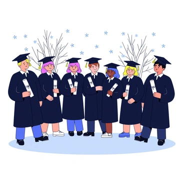 A group of students wearing black graduation gowns and caps stands together, smiling. Each student holds a rolled-up diploma tied with a ribbon. Snowflakes are gently falling around them, creating a soft white layer on the ground. The scene captures the warmth of their excitement against the cold winter backdrop. In the distance, there are bare trees dusted with snow.