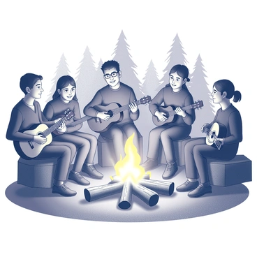 A group of several individuals gathered around a campfire at night. Each person is holding an acoustic instrument, such as a guitar, ukulele, or banjo. Some are sitting on wooden logs, while others are comfortably resting on the ground. The firelight casts flickering shadows on their faces, creating a warm atmosphere. In the background, there are trees silhouetted against the night sky, enhancing the outdoor setting. The gathering has a relaxed vibe, with some people smiling and engaging in conversation, as others play music together.