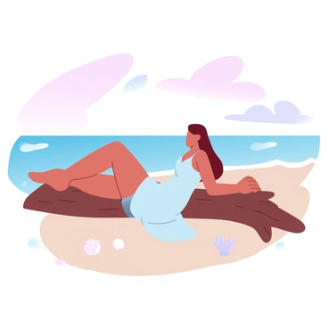 A girl is lounging on a piece of driftwood on a quiet beach. She is wearing a flowing sundress that gently drapes over the driftwood. Her hair is cascading down her shoulders, blending with the soft sand beneath her. The tranquil ocean is visible in the background, with gentle waves lapping at the shore. The sky above is painted with gradient pastel colors, transitioning from soft pinks to pale blues as it meets the horizon. A few seashells are scattered around the driftwood, enhancing the serene beach atmosphere.