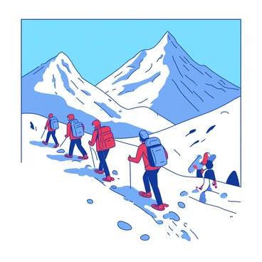 A group of trekkers in bright red and blue gear is making a trail through crunchy white snow in a mountainous landscape. The trekkers are equipped with backpacks and snowshoes, and they are walking in a line, leaving distinct footprints behind them. The mountain peaks in the background are towering and rugged, partially covered with snow, under a clear blue sky. The sunlight casts distinct shadows on the snow, highlighting the textures and the contours of the landscape.