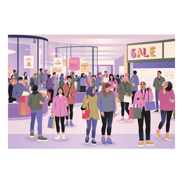 A digital flat illustration depicting a crowded shopping mall during a big sale event. The scene is bustling with enthusiastic shoppers of various ages and ethnicities. Many shoppers are carrying colorful shopping bags, showcasing their purchases. Some individuals are examining items at a clothing store on the left, while others are congregating near a sign that reads “SALE” in bold letters, surrounded by bright sale tags in red and yellow colors. A group of friends is gathered at a café area, enjoying beverages while chatting. The mall's interior features large glass windows allowing natural light to pour in, highlighting the excitement of the event. Various retail store fronts are visible, adorned with eye-catching displays promoting discounts.