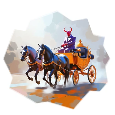A devil with crimson skin, sharp horns, and a mischievous grin is perched atop a luxurious Victorian-era stagecoach. The stagecoach is elaborately designed with intricate carvings and golden accents, drawn by two dark horses whose breath is visible in the cool air. The scene unfolds in a foggy landscape, with swirling mist enveloping the ground and partially obscuring distant trees and rolling hills. The atmosphere is thick with mystery as the devil leans forward with an air of mischief, holding the reins confidently while the stagecoach makes its way through the ethereal fog.