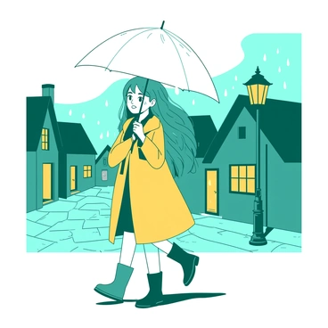 A teal girl with long flowing hair is holding a large white umbrella while walking through a quaint town. She is wearing a stylish yellow raincoat and rubber boots. The cobblestone streets are slick and reflect the soft light from nearby street lamps. Small cottages with warm, inviting lights line the streets, and delicate raindrops are falling from the sky, creating a gentle atmosphere. The girl has a content expression on her face as she strolls, enjoying the peaceful ambiance of the rainy day.