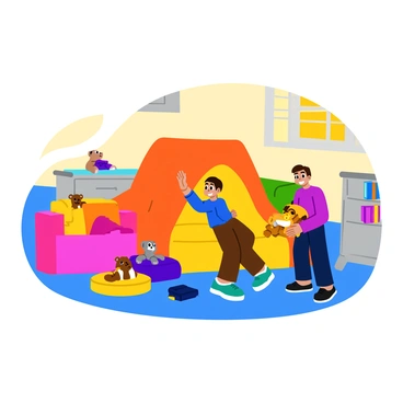 A big brother and his younger sibling are working together to build a fort out of colorful blankets in their bedroom. The fort is partially constructed, with blankets draped over furniture and held up by cushions. The walls are adorned with stuffed animals peeking out. Sunlight filters through the window, casting a warm glow over the scene, highlighting the playful expressions on their faces. There are scattered toys and books around the room, adding to the lively atmosphere of their imaginative play.