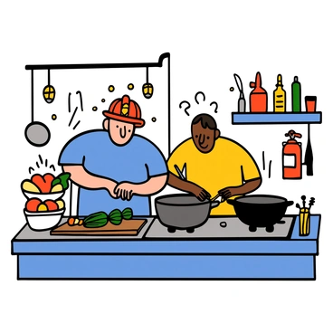 Two firefighters with light skin and short hair are cooking together in a fire station kitchen. One firefighter, wearing a red helmet and a blue shirt, is chopping vegetables on a cutting board. The other firefighter, wearing a yellow shirt, is stirring a pot on the stove, looking focused. The kitchen is filled with various cooking tools and ingredients, including a frying pan, spices on the countertop, and a red fire extinguisher mounted on the wall. The atmosphere is lively and collaborative, showcasing teamwork in a warm setting.