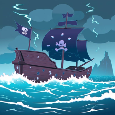 A pirate ship with tattered black sails and a grinning skull flag is battling through tumultuous waves. The ship's hull is weathered, showcasing wooden planks and rusted cannons. Dark storm clouds swirl overhead, illuminated by sporadic flashes of lightning. The ocean is churning with white frothy waves crashing against the sides of the ship. A thick mist rises from the water, adding to the chaotic atmosphere. In the distance, jagged cliffs can be seen, partially obscured by the swirling storm. The scene reflects tension and adventure as the ship navigates the treacherous waters.