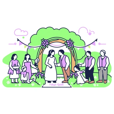 A hobbit wedding ceremony is taking place in a meadow filled with an abundance of flowers. The scene is set under a large, arching tree draped with green vines and purple blooms. In the center, there is a wooden altar adorned with floral arrangements on either side, featuring bright colors. Two hobbits stand at the altar; the bride is wearing a simple, flowing dress, while the groom is dressed in a waistcoat and trousers. Surrounding them are family and friends, all smiling and dressed in colorful attire. Festive bunting made of fabric stretches across the scene, fluttering gently in the breeze. In the background, rolling hills provide a scenic backdrop to the joyful gathering.