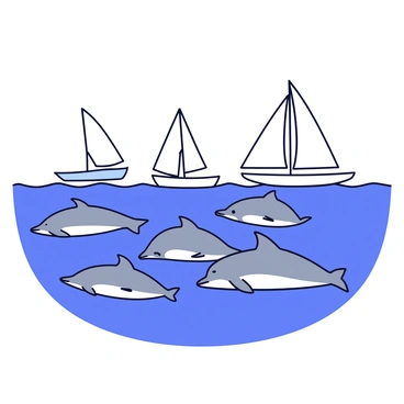 A group of gentle dolphins with smooth gray skin swimming gracefully alongside several sailboats. The sailboats are varying in size, with white sails billowing in the gentle breeze. The sea is calm and reflects the bright blue of the clear sky above. The scene captures the playful interaction between the dolphins and the boats, with ripples forming around the dolphins as they swim.