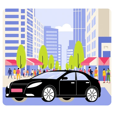 A sleek luxury car in a shiny black color is driving smoothly on a vibrant city street. The car features polished chrome accents and large alloy wheels. In the background, tall skyscrapers rise majestically, with glass windows reflecting sunlight. Crowds of people can be seen walking along the sidewalks, and colorful storefronts line the street. A clear blue sky overhead adds to the lively atmosphere of the bustling city scene.