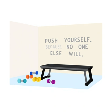 A clean gym space featuring a simple, modern bench positioned against a light-colored wall. The floor is smooth and polished, enhancing the minimalist look. Next to the bench, there are several pairs of colorful dumbbells arranged neatly. On the wall, there is a large, bold text that reads "Push Yourself, Because No One Else Will" in an inspirational font. The overall atmosphere is bright and inviting, highlighting the essential workout elements in the room.