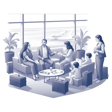 A spacious airport lounge filled with travelers from various countries. In one corner, a group of individuals is gathered around a low table, animatedly sharing stories and experiences. One traveler, wearing a traditional garment, gestures expressively while another listens intently, holding a coffee cup. Nearby, a family is seated on a comfortable sofa, glancing at travel brochures, with children eagerly pointing at pictures of destinations. Large windows provide a view of planes on the tarmac, and the lounge is decorated with plants and comfortable seating arrangements. Luggage is scattered around, and people of different backgrounds and ages are engaged in conversations, creating a lively and multicultural atmosphere.