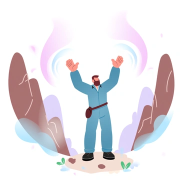 A character wearing a rugged outfit is standing at the edge of a canyon, arms raised dramatically while shouting. The canyon walls are steep and rocky, showing various shades of brown and gray. Surrounding the character are vibrant, gradient pastel colors of the sky transitioning from soft pink to light purple. Echoes are depicted as curved lines emanating from the character's mouth, bouncing off the canyon walls and blending into the colors of the sky. The ground is scattered with small rocks and patches of sparse green vegetation, adding to the scene's depth.