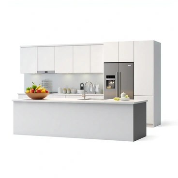 A modern kitchen featuring smooth, shiny countertops in a light color. There is a large bowl filled with a variety of fresh fruits, including apples, bananas, and oranges, placed prominently on the countertop. Beside it, a dish rack holds clean dishes, including plates and glasses, drying in neat rows. The kitchen has sleek cabinetry and stainless steel appliances, contributing to its contemporary design. Bright overhead lights illuminate the space, enhancing the clean and organized appearance of the kitchen.